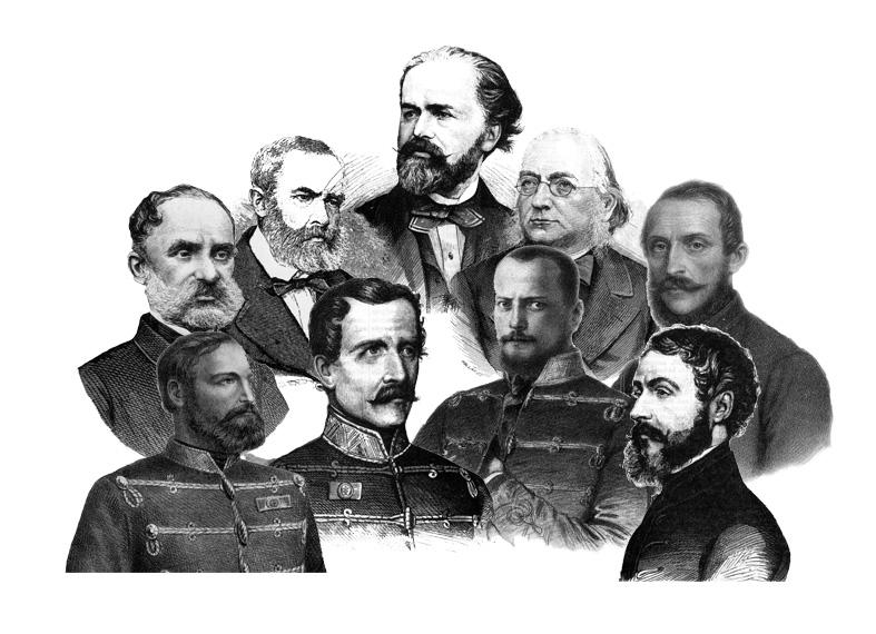 056-A_Szemere-kormany_Montazs-Vass Eleonora.jpg - A Szemere-kormnyFell kzpen: 1. Szemere Bertalan (1812-1869), miniszterelnk, belgy.(A fot ksbbi, emigrcis idszakban kszlt). II. Msodik sor kzpen balrl jobbra: 1. Vukovics Seb (1811-1872), igazsggy; 2. Duschek Ferenc (1797-1873), pnzgy; 3. Horvth Mihly (1809-1878), valls- s kzoktatsgy; 4. Csny Lszl (1790-1849), kzmunka- s kzlekedsgy. III. Harmadik sor alul, balrl jobbra: 1. Klapka Gyrgy (1820-1892), hadgy (1849. mj. 31-ig Grgey helyett); 2. Aulich Lajos (1792-1849), hadgy (1849. jl. 14-tl); 3. Grgey Artr (1818-1916) hadgy (1849. mjus 31-n lp hivatalba); 4. gr. Batthyny Kzmr (1807-1854) klgy s ideiglenesen fldmvels-, ipar- s kereskedelemgy